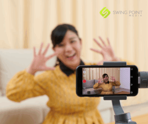 Podcaster recording with camera and microphone