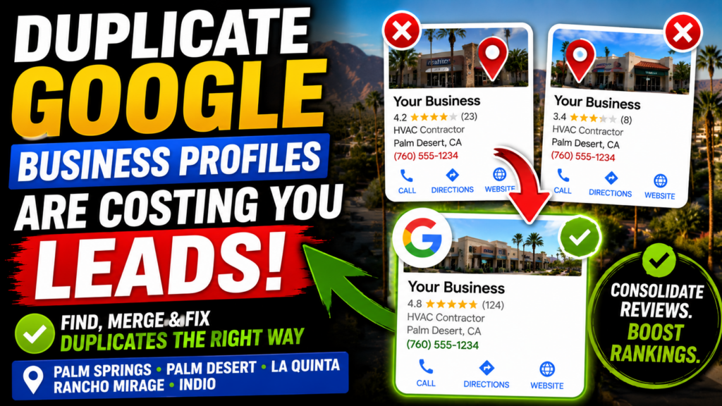 Duplicate Google Business Profiles splitting reviews, rankings, and local leads for a Coachella Valley business.
